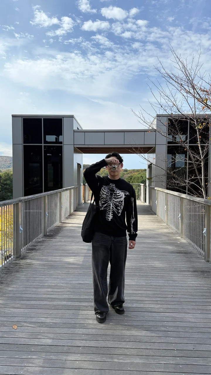 Taking a photo on a wooden walkway